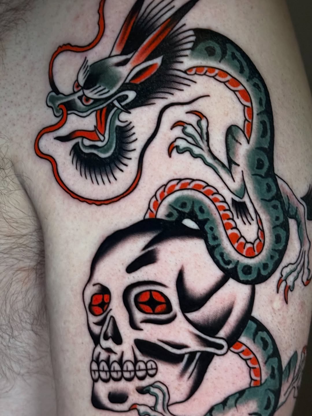 Bold neo-traditional skull entwined with teal dragon