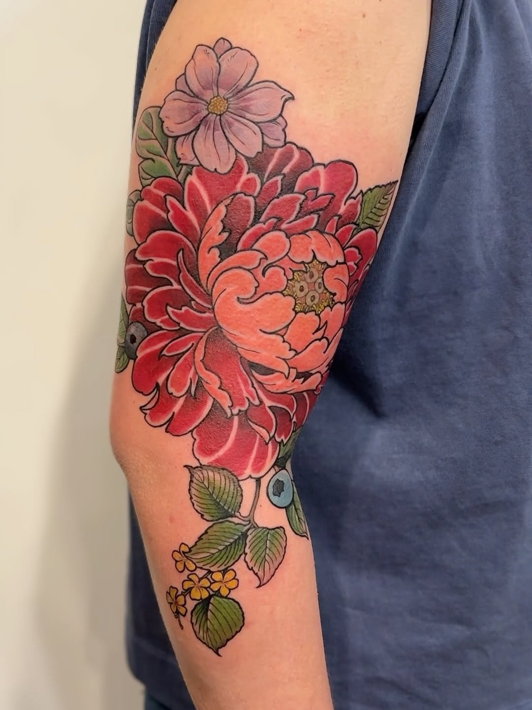 Vivid pink-red peony bouquet with bold outlines