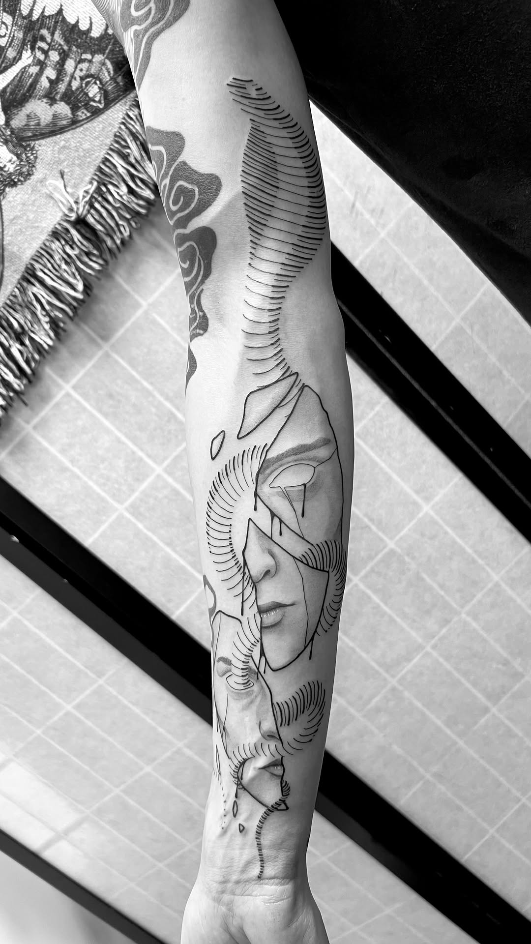 Abstract linework portrait with spiraling geometric contours