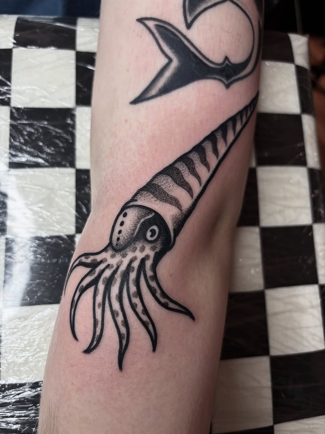 Bold blackwork squid with striped mantle and curling tentacles