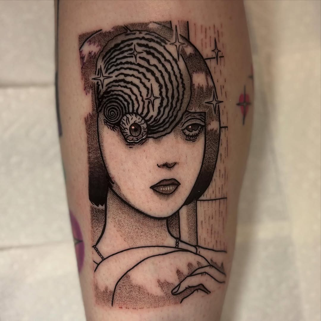 Junji Ito-inspired portrait with spiral-shell hair