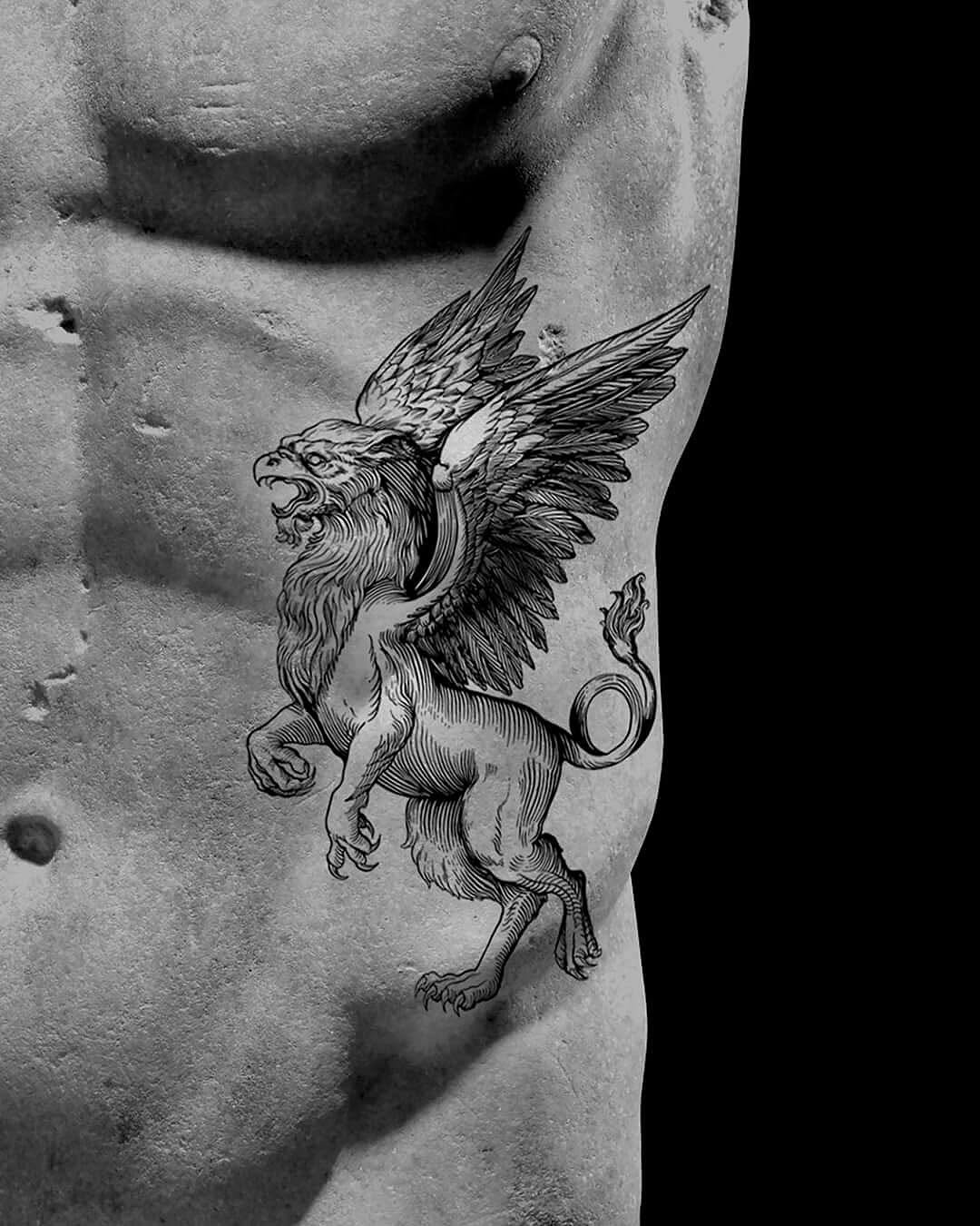 Woodcut-inspired griffin in bold black-line engraving.