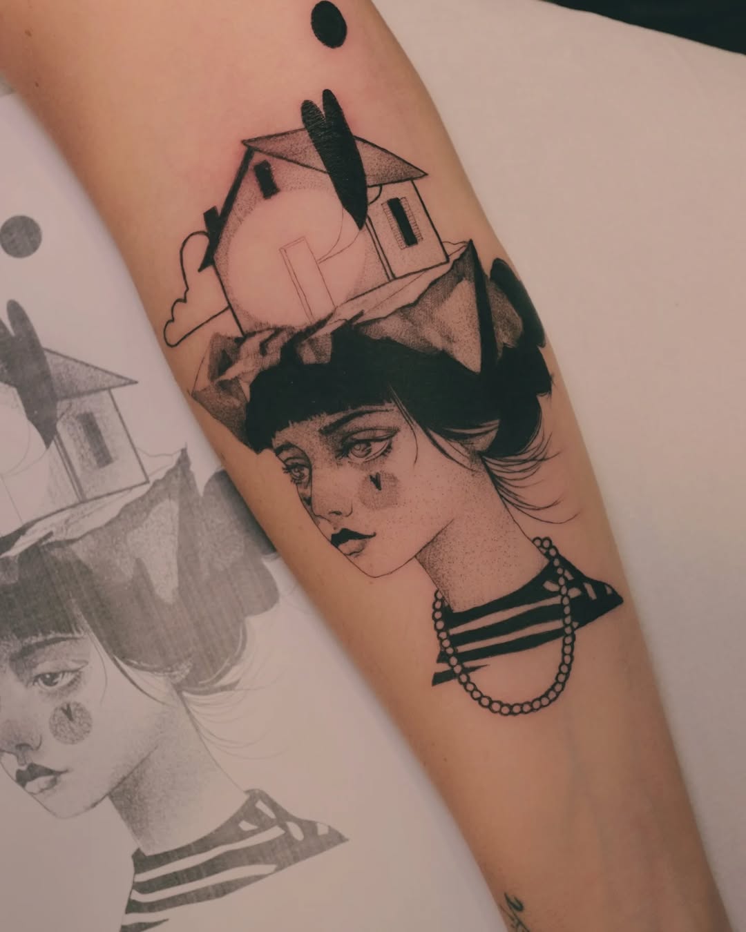 Whimsical female portrait with a geometric rooftop halo