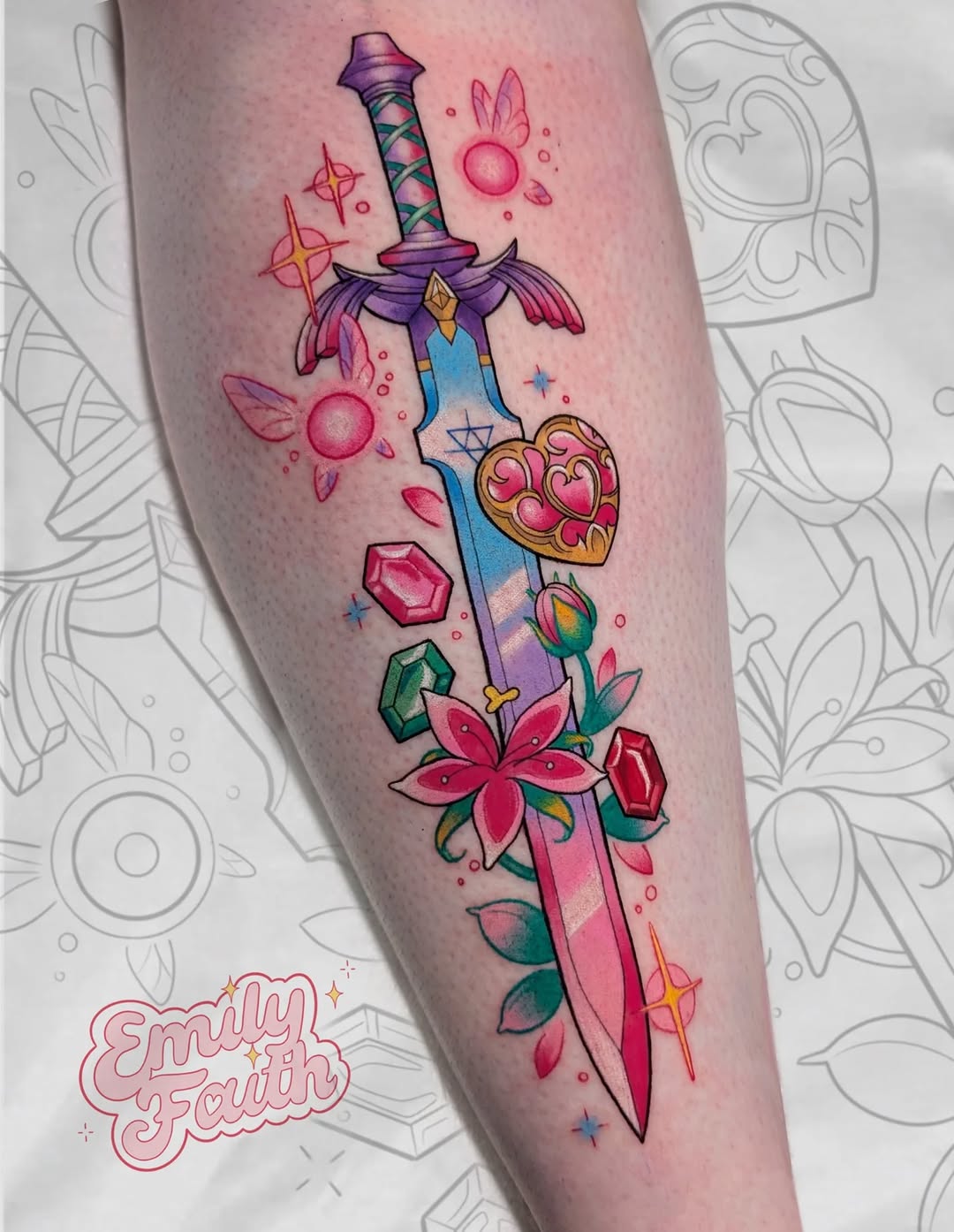 Vivid neo-traditional Master Sword with pink gradients and florals