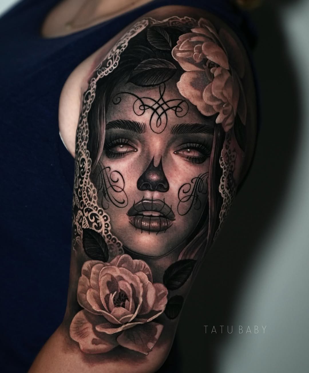 Hyper-detailed sugar skull portrait with roses and lace.