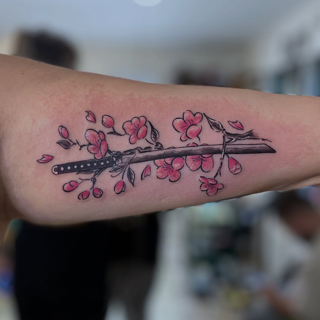 Sakura blossoms entwine a lacquered katana with bold linework