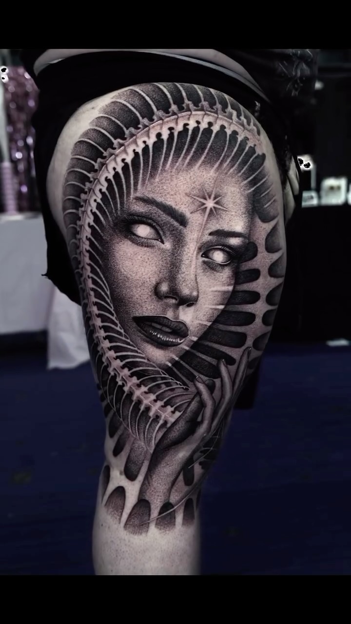 Striking blackwork surreal portrait with spiraling halo