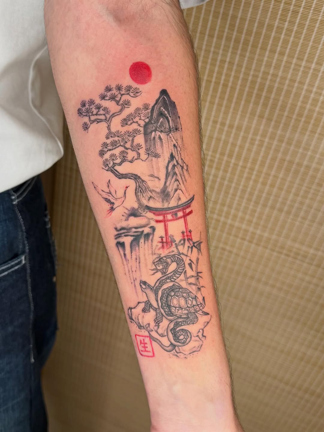 Genbu-inspired landscape: turtle and snake amid torii and peak