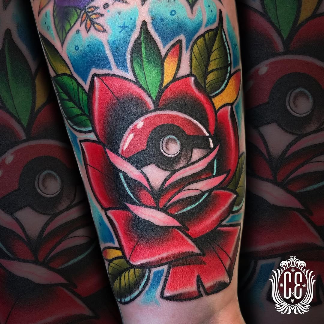 Vibrant neo-traditional rose with Pokéball centerpiece
