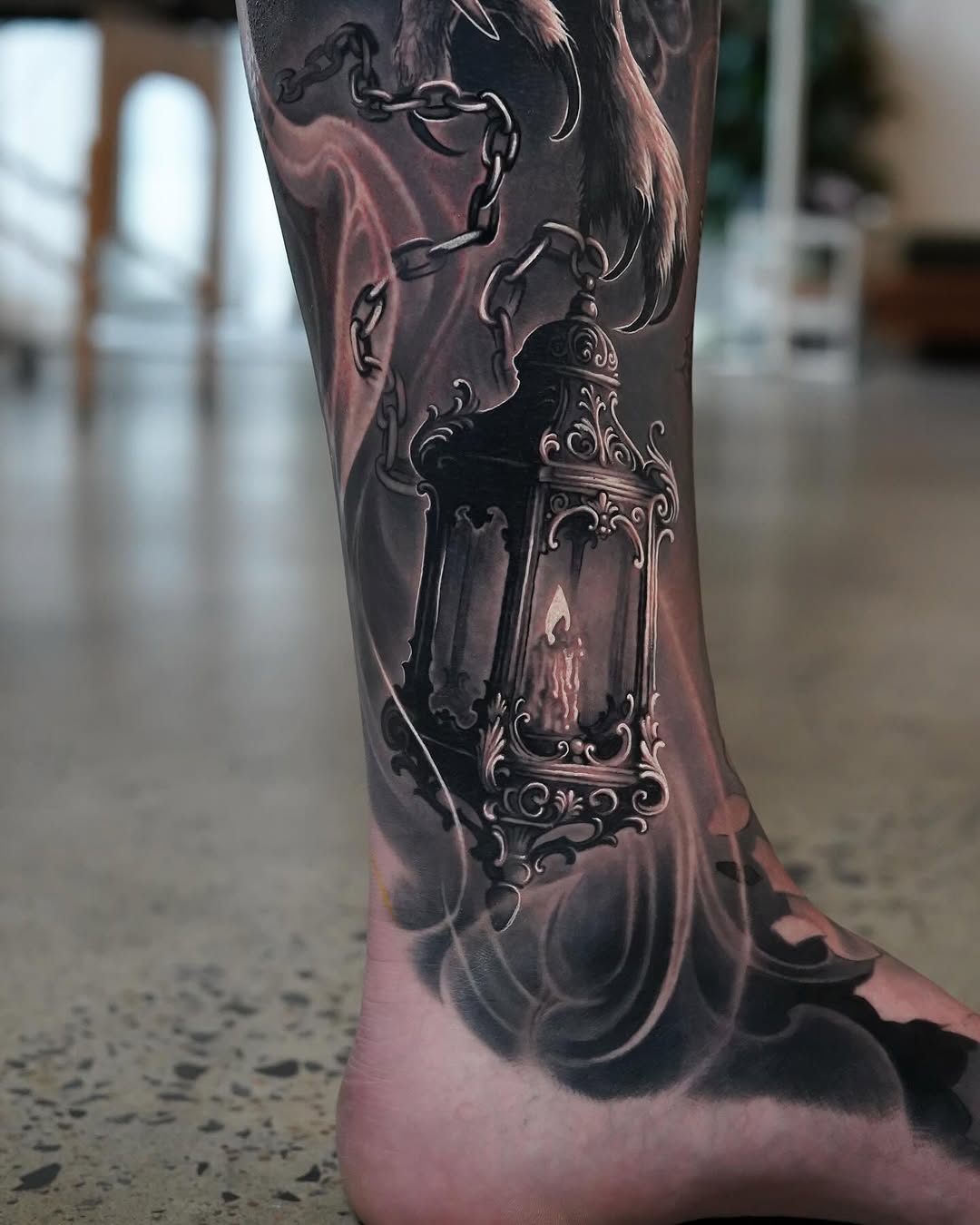 Intricately shaded ornate lantern in black-and-gray realism