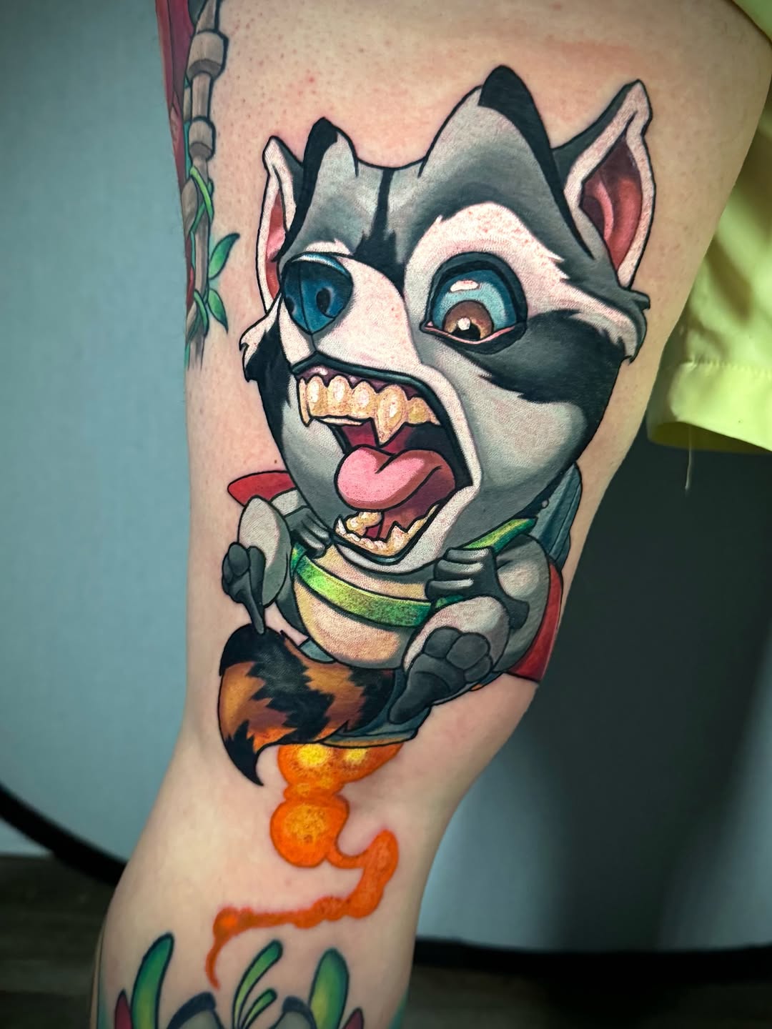 Whimsical cartoon raccoon with jet-pack, bold colors