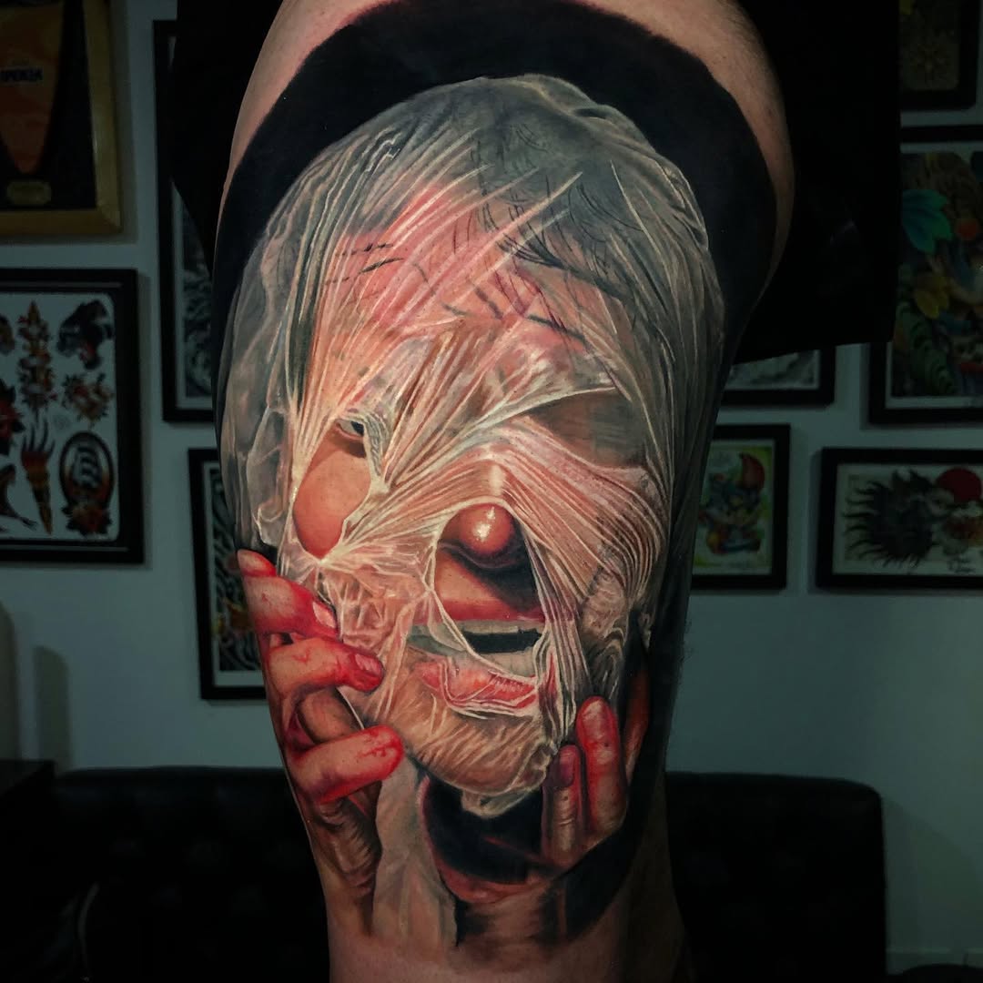 Hyper-realistic face portrait wrapped in transparent plastic