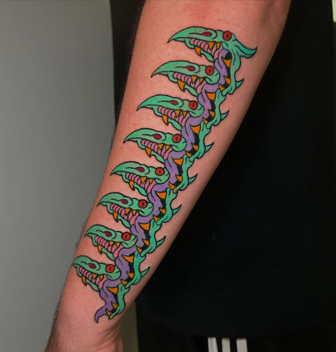 Bold neon dragon-head sequence with chunky outlines.