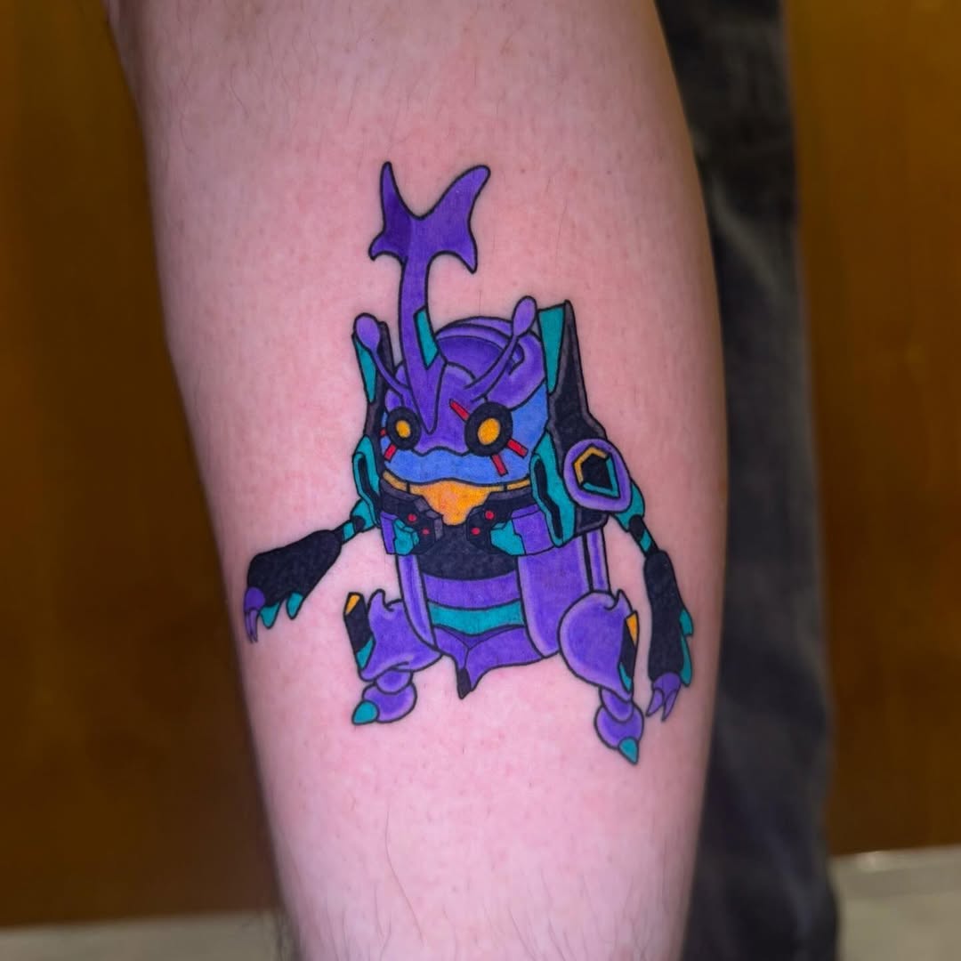 Vibrant purple Heracross with teal accents, bold lines.