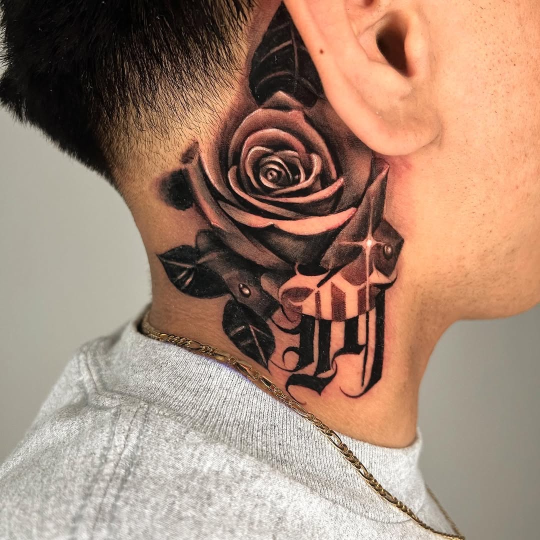 Bold grayscale rose intertwined with Gothic lettering.