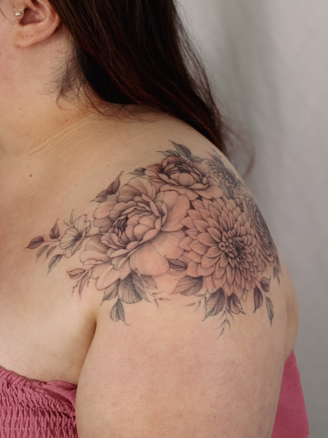 Elegant grayscale floral shoulder piece featuring peony chrysanthemum ranunculus
