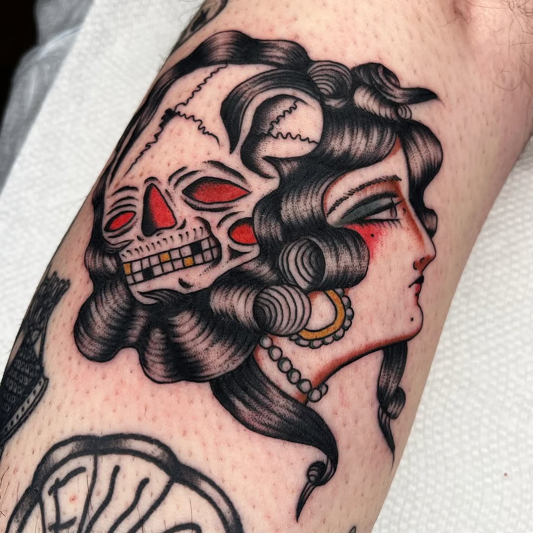 Bold neo-traditional female portrait with skull overlay