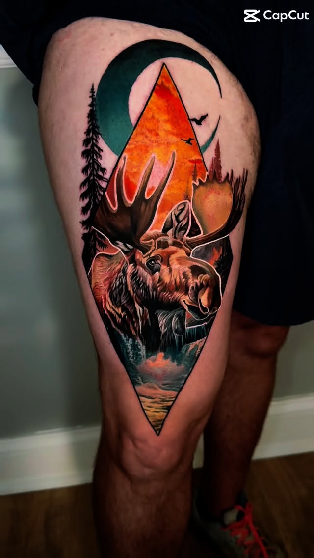 Vibrant moose portrait framed in a geometric diamond with sunset.