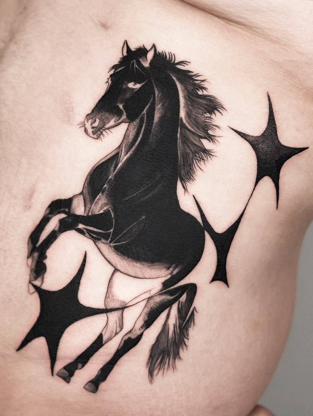 Bold black horse silhouette with flowing mane