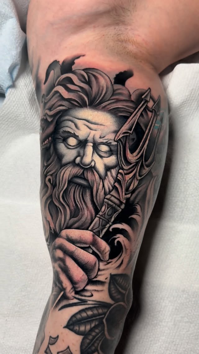 Epic Poseidon portrait with trident in bold shading