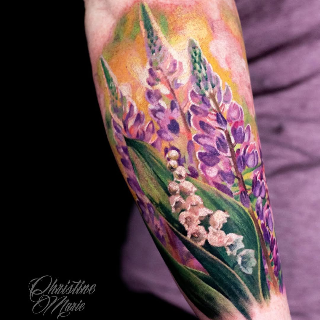Watercolor lupines and lily-of-the-valley bouquet on forearm