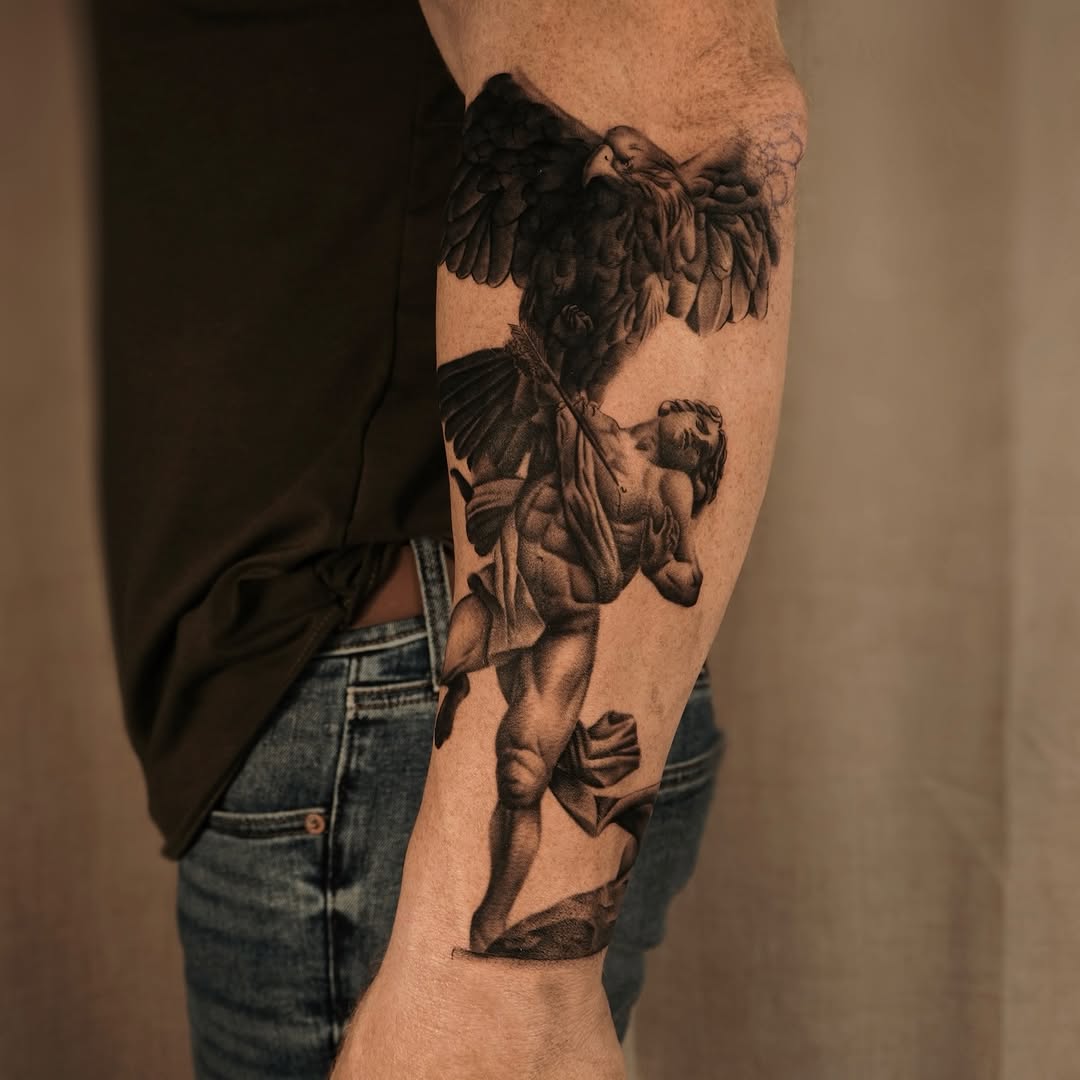 Dramatic grayscale angel with large wings in motion