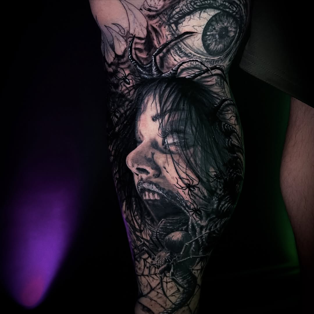 Hyper-realistic screaming woman portrait entwined in thorny vines