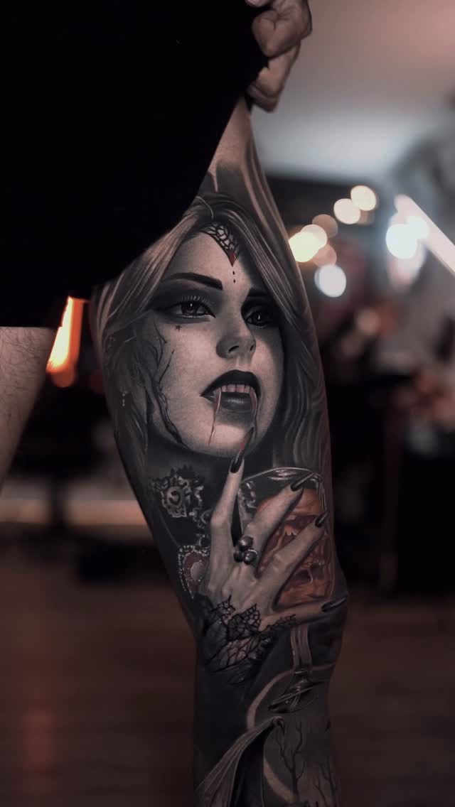 Grayscale vampire femme portrait with lace glove and fangs