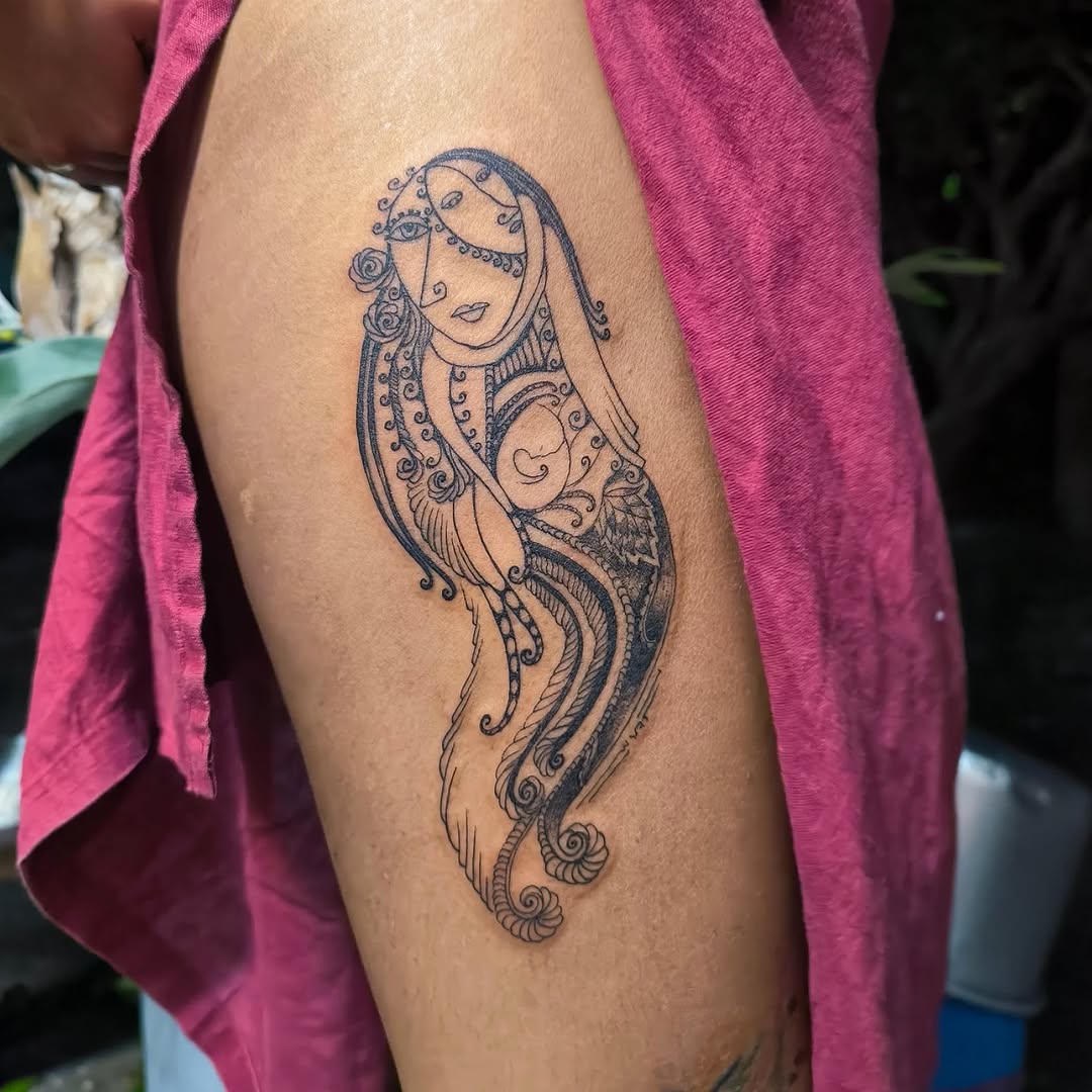 Ornate line-art veiled female figure with scrolling curls