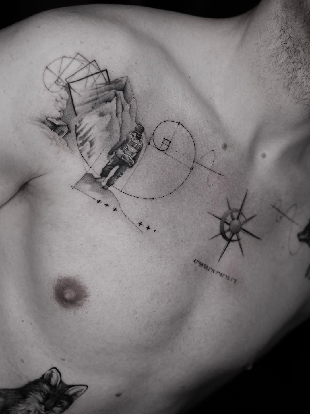Geometric chest piece with astronaut amid abstract geometry