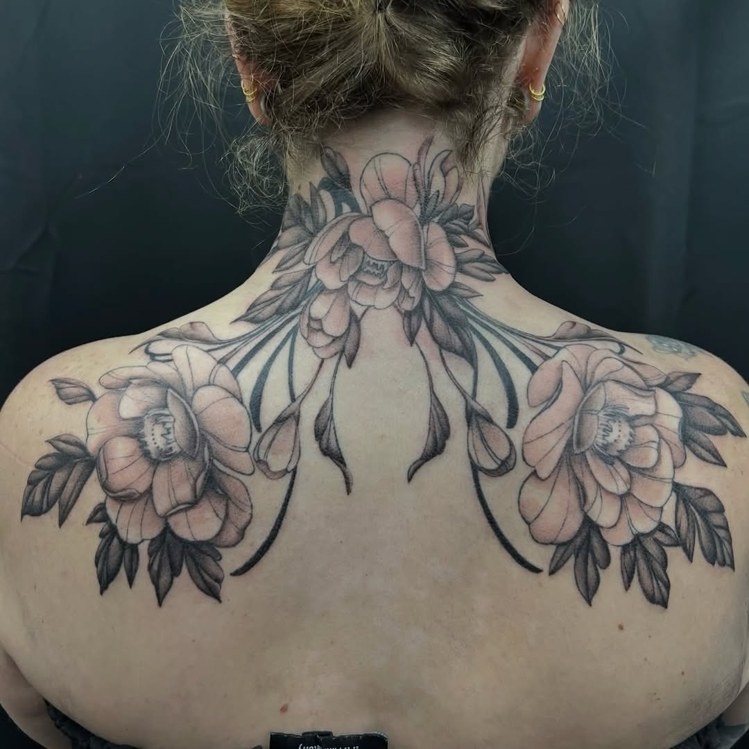 Monumental black-and-gray floral back piece with peonies