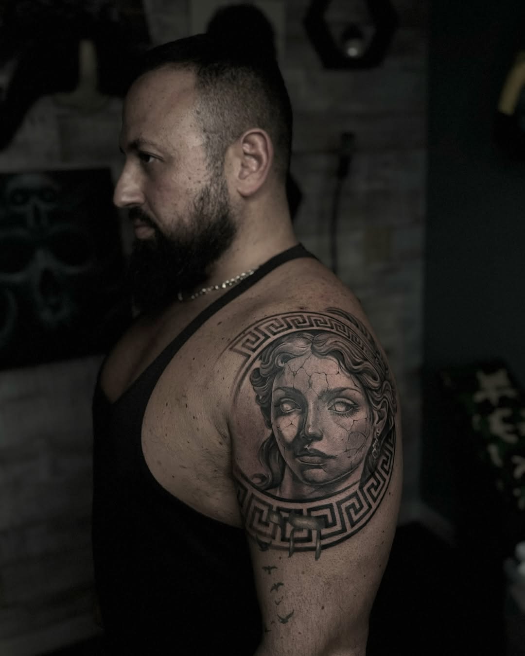 Cracked-stone Medusa portrait in circular Greek-key frame