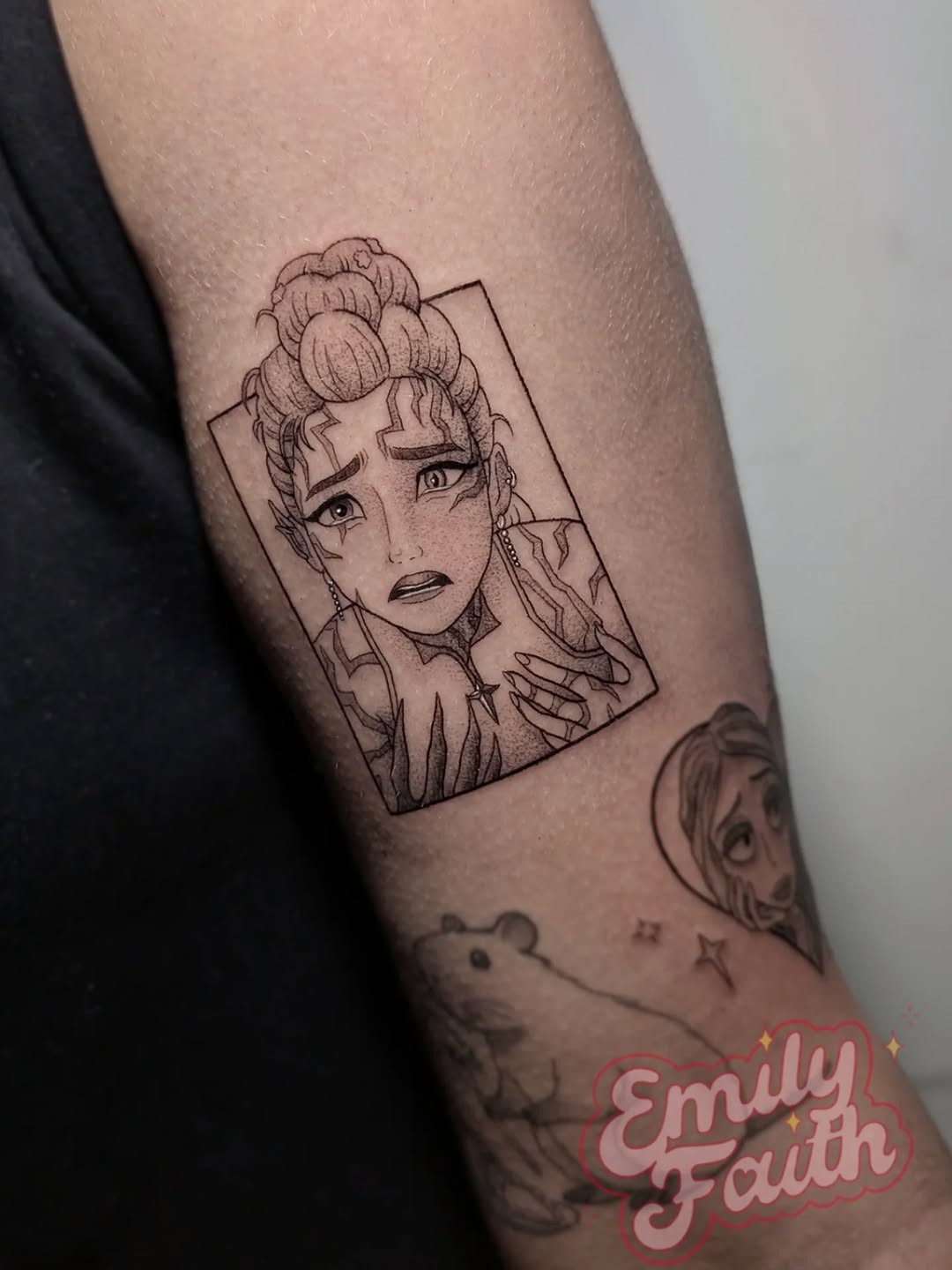 Expressive distressed female portrait in framed panel, stipple shading.