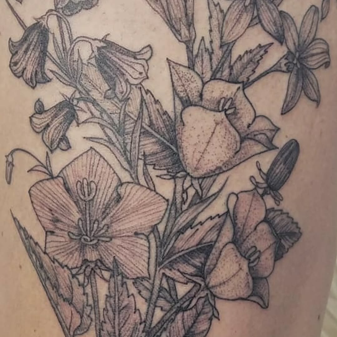 Intricate black-line floral bouquet with delicate shading