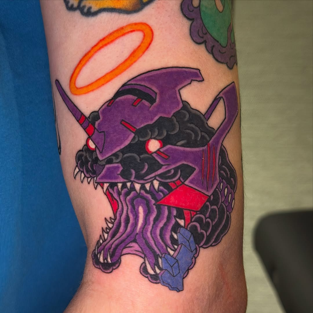 Bold purple dragon head with neon accents