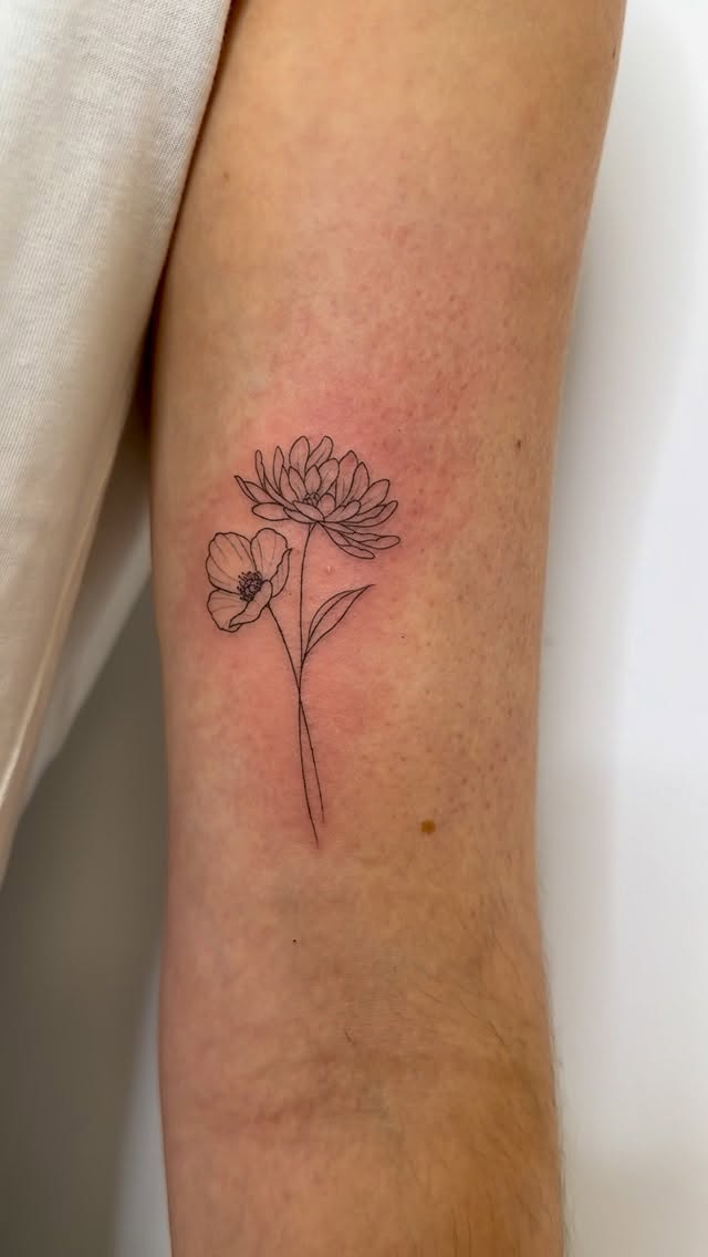 Delicate fine-line floral with two blooms on slender stem