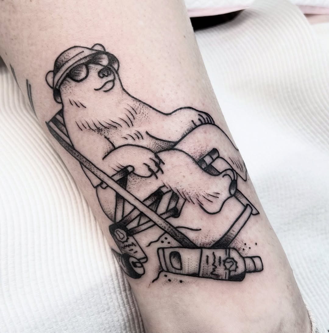 Playful polar bear lounging in deck chair with bottle