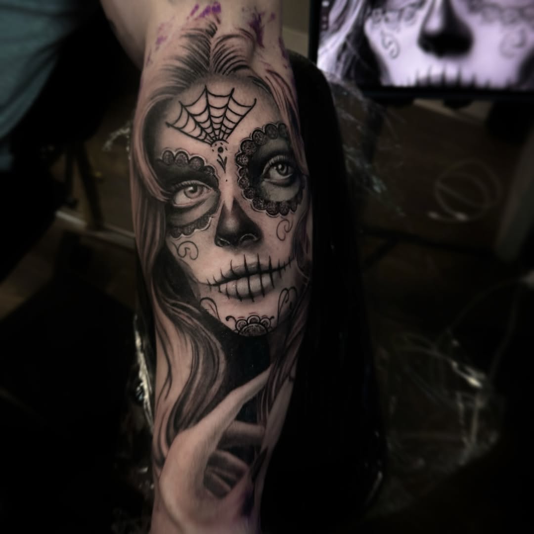 Intricate sugar skull portrait with lacy black shading