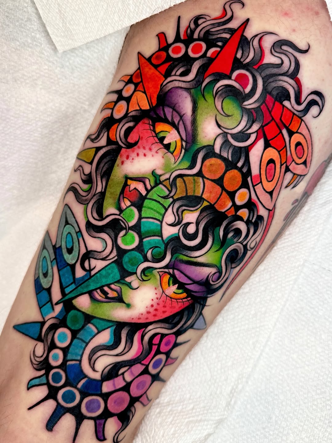 Vibrant neo-traditional fantasy creature with bold lines