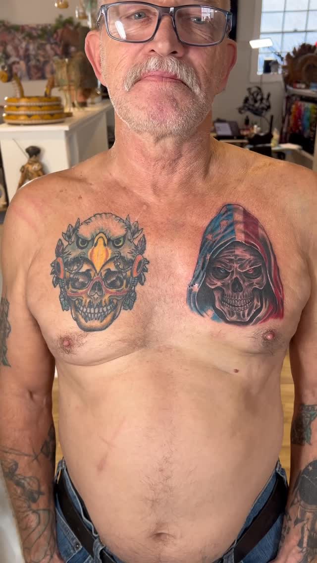 Two neo-traditional skulls with eagle and hooded motif