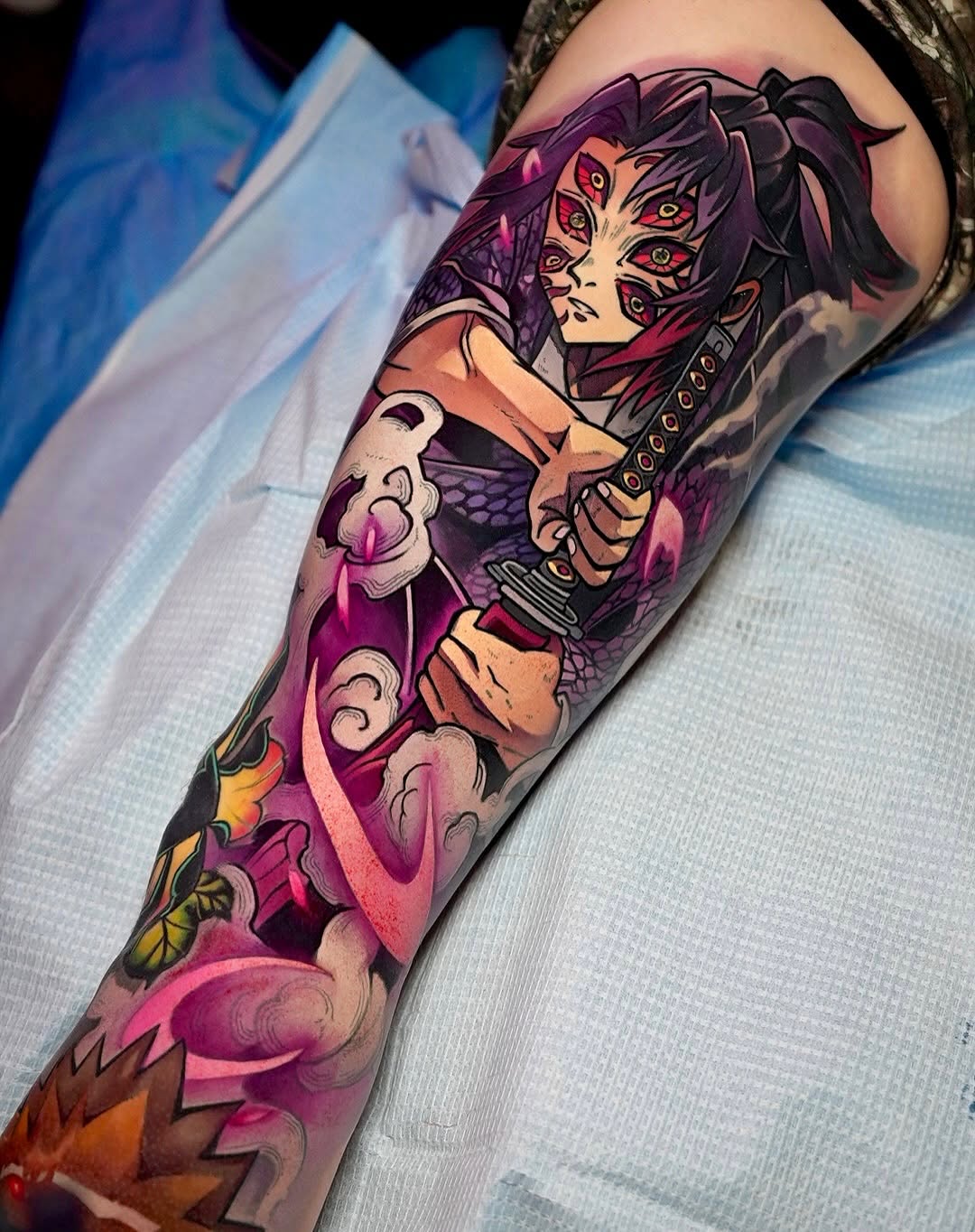 Bold anime-inspired leg sleeve with Kokushibo demon-slayer imagery