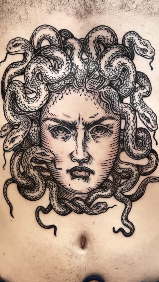 Dramatic Medusa head with coiling snakes in bold woodcut linework.