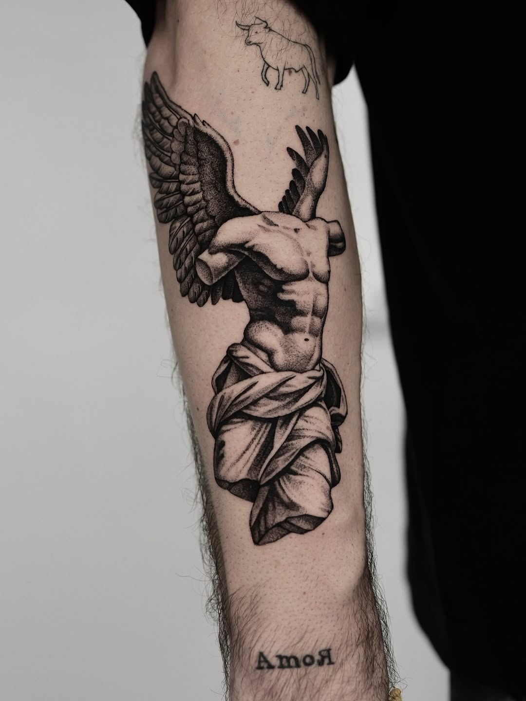 Dramatic blackwork winged torso with billowing drapery