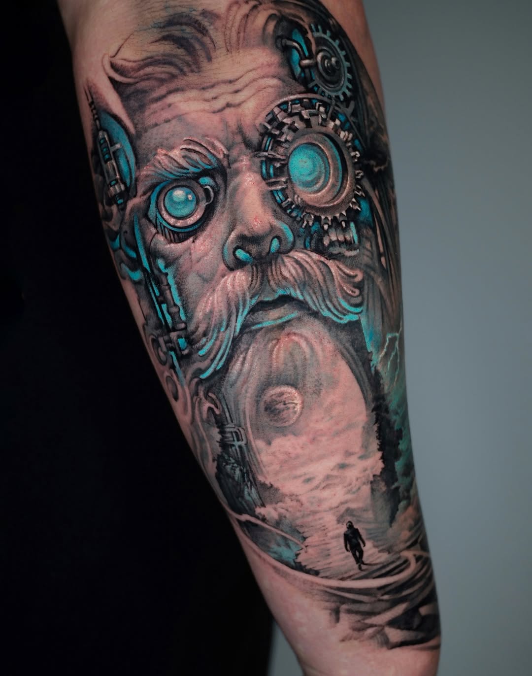Detailed cyberpunk sleeve tattoo