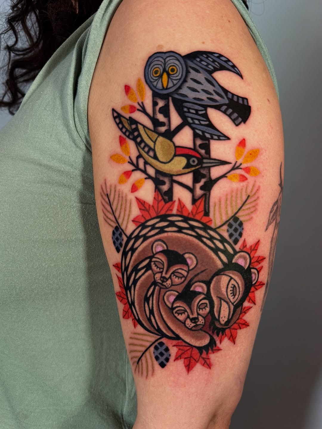 Bold neo-traditional woodland motif with bears and owls