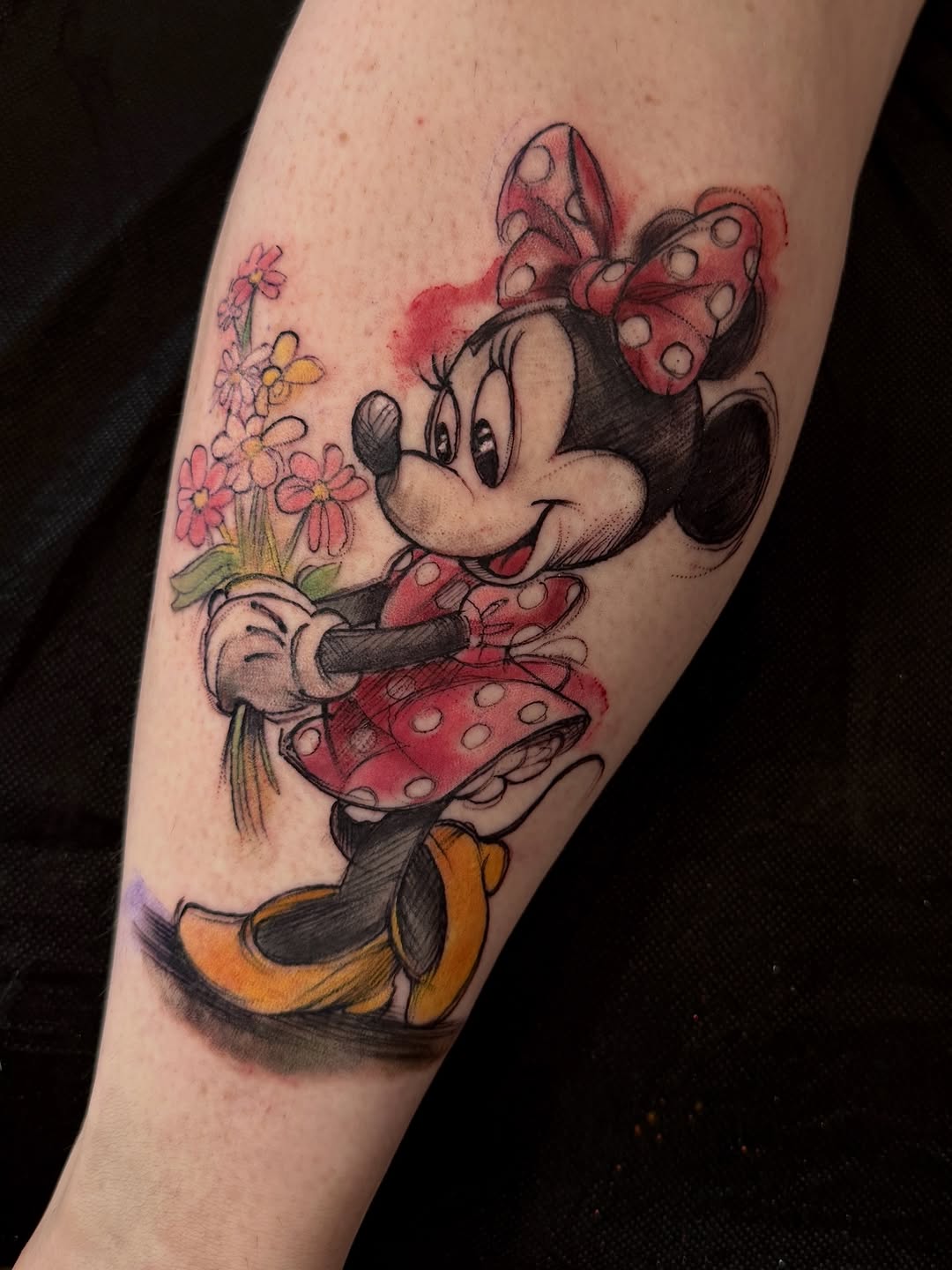 Bold-lined Minnie with watercolor florals and polka-dot bow