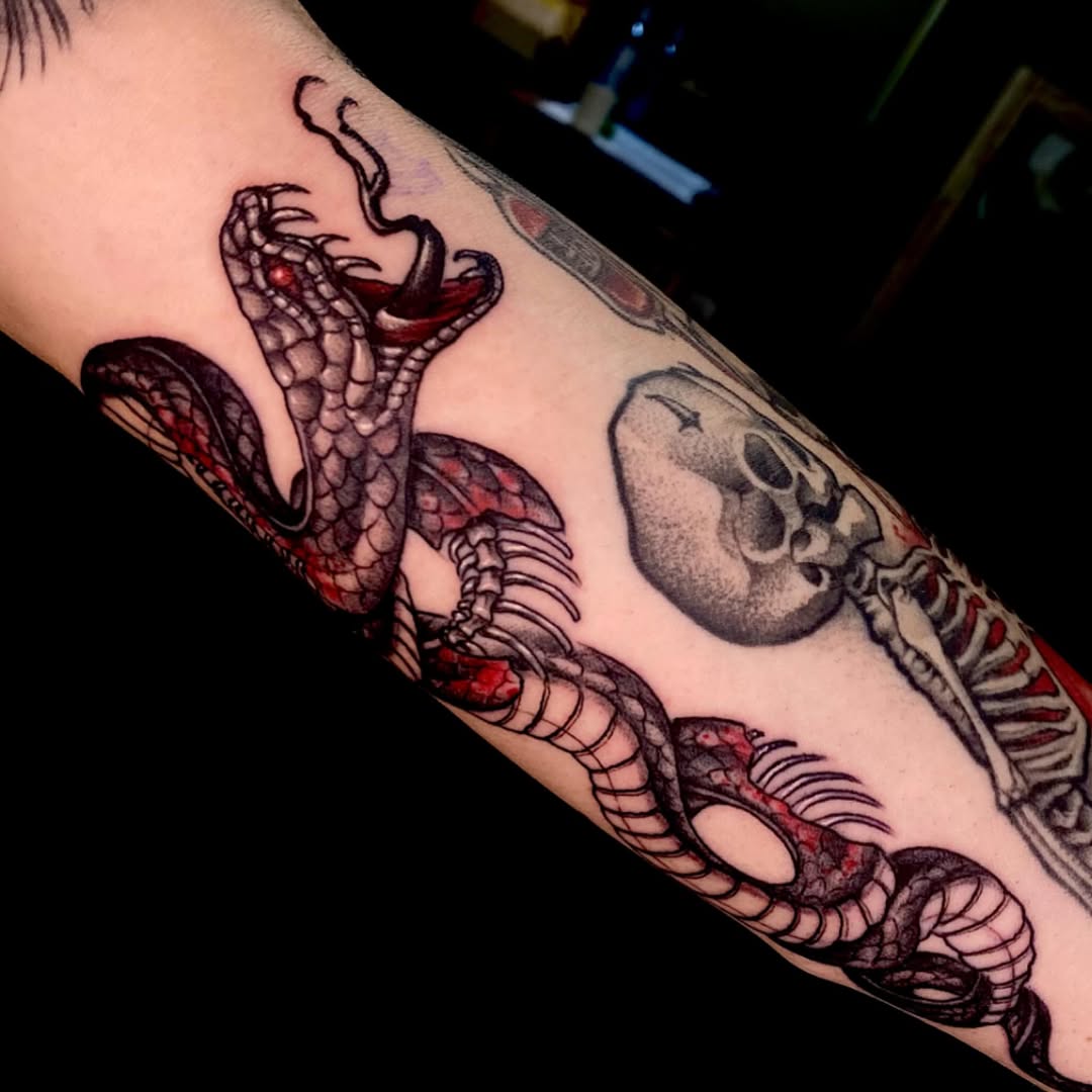 Bold neo-traditional cobra entwined with skull, red accents