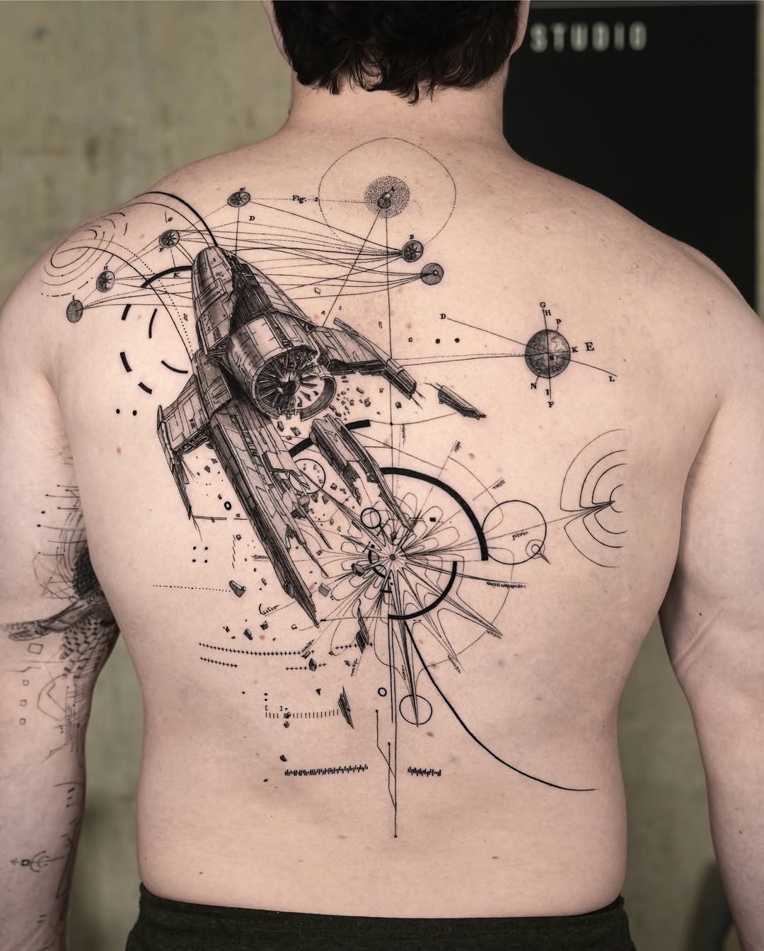 Intricate blueprint-style spacecraft with geometric orbital diagrams and shards