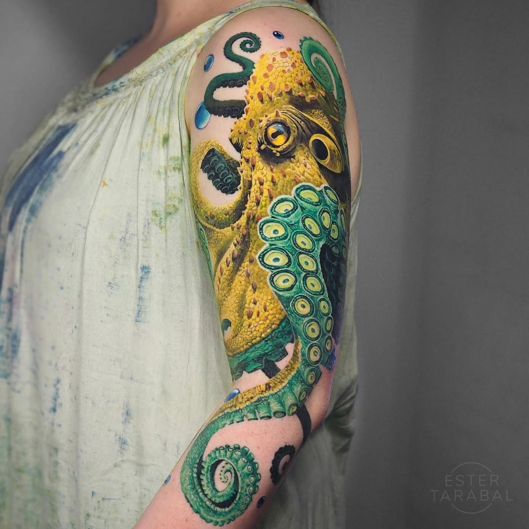 Vivid octopus sleeve with emerald tentacles and yellow accents.