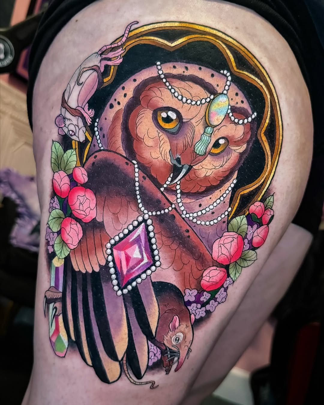 Vibrant neo-traditional owl with jeweled necklace and prey